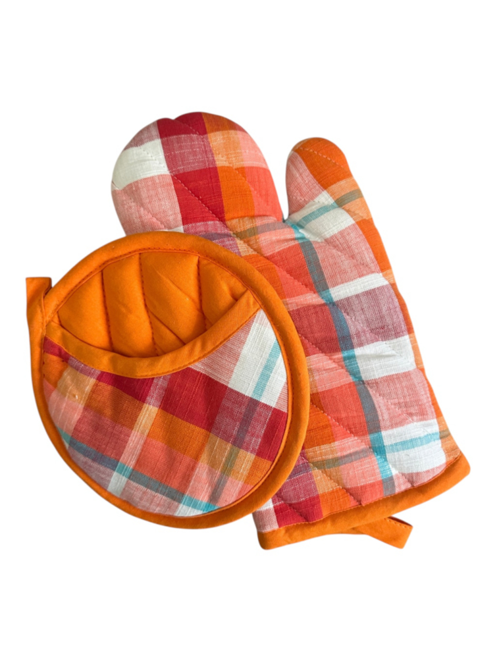 Opalhouse 2 Pc Quilted Orange Red Plaid Oven Mitt & Pot Holder Set
